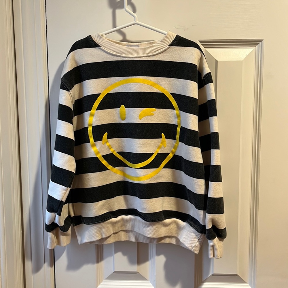 Zara Black and White Striped Sweatshirt with Yellow Smiley